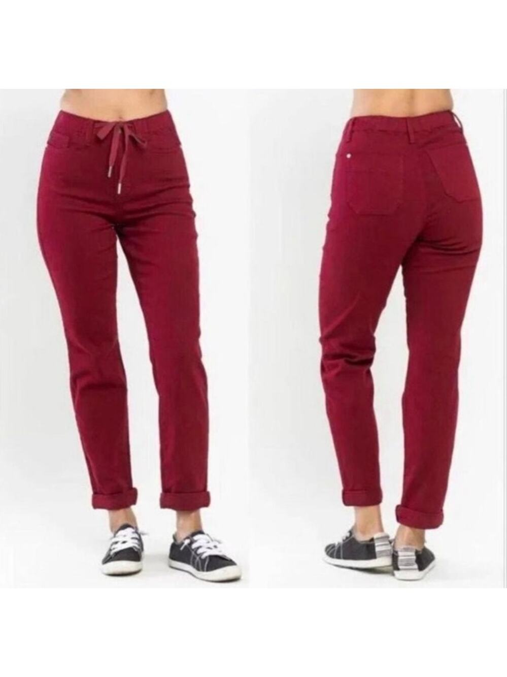 Judy Blue Garmet Dyed Straight Leg Drawstring Burgundy Red Jeans Size 7/28